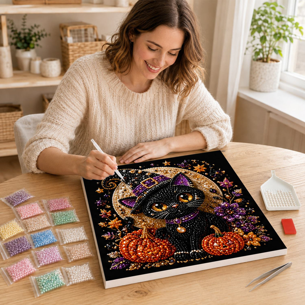 Amber-Eyed Cat Before the Moon pearl painting – image 16