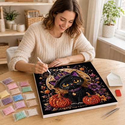 Amber-Eyed Cat Before the Moon pearl painting – image 16