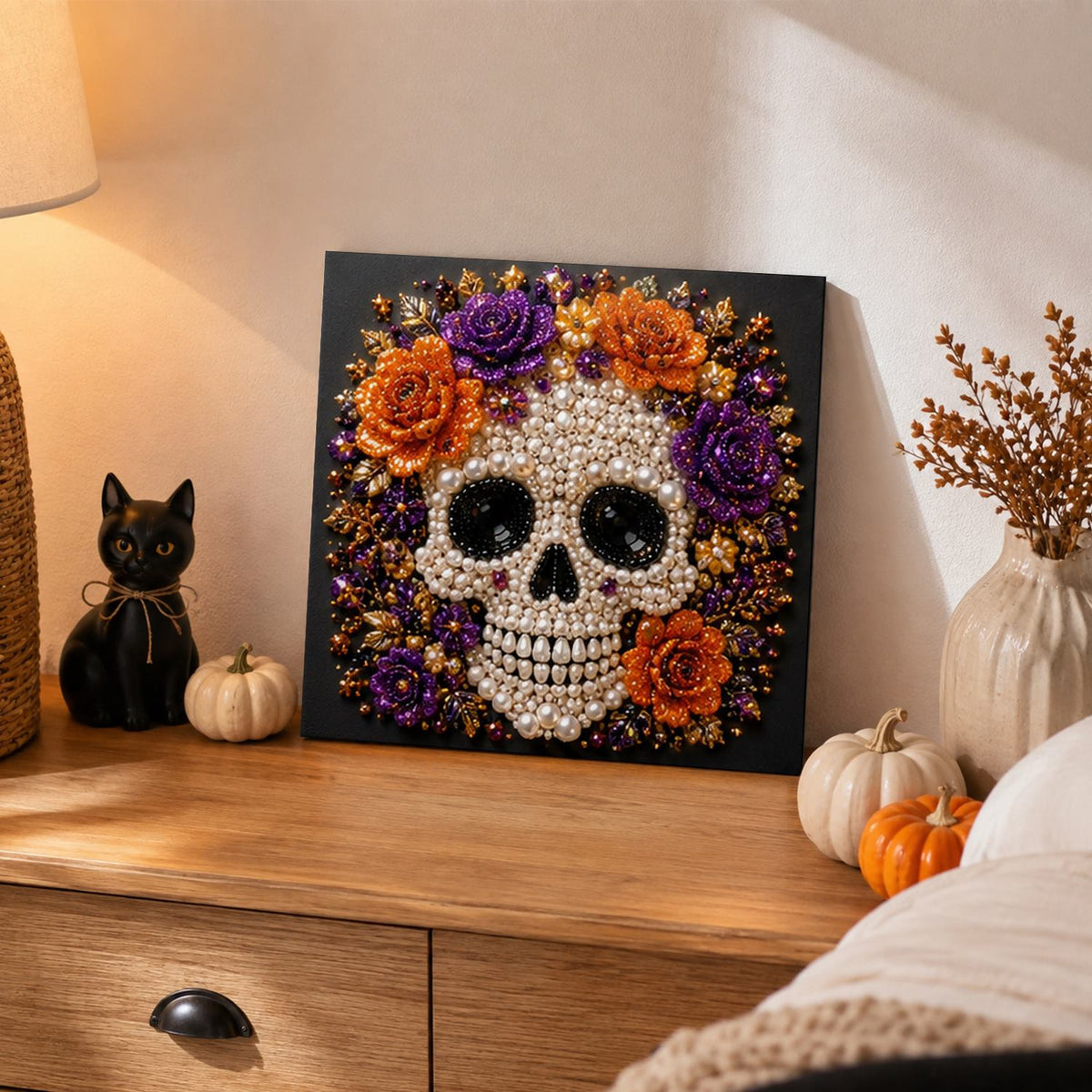 Beaded Skull with Autumn Roses pearl painting – image 2