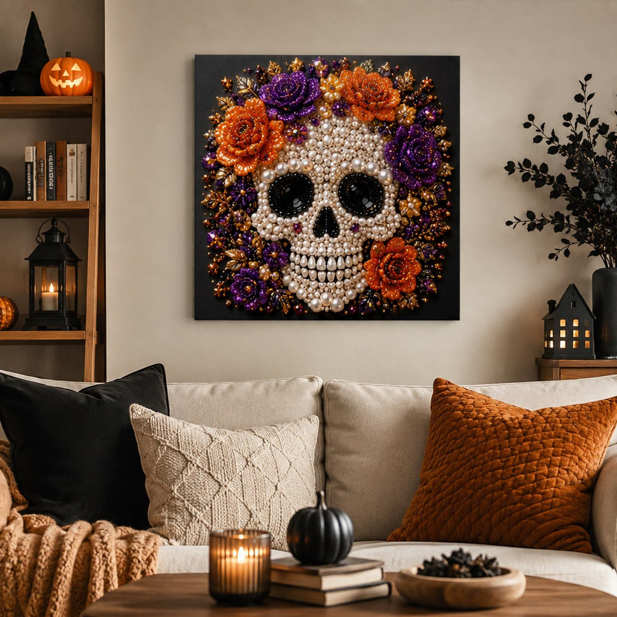 Beaded Skull with Autumn Roses pearl painting – image 3