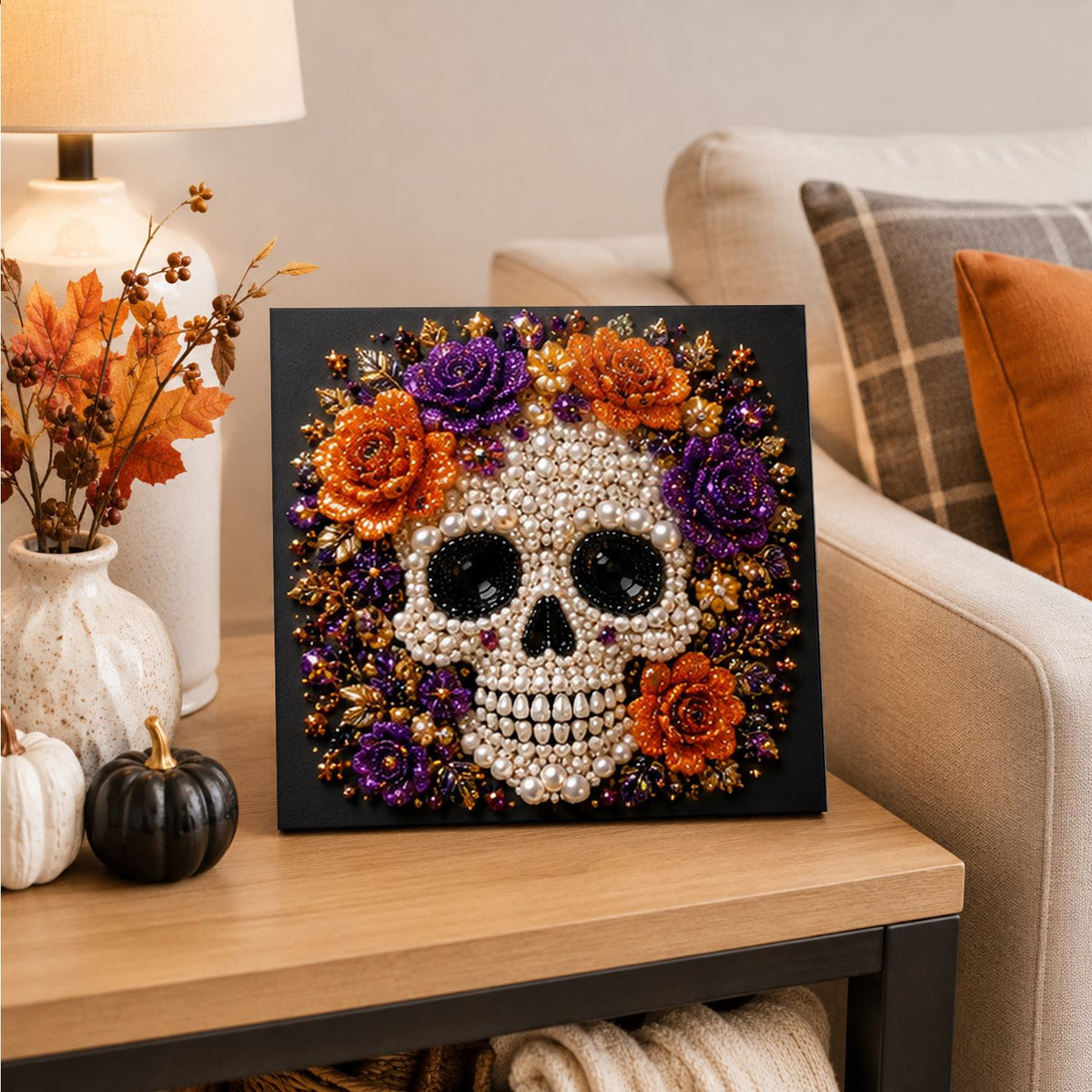 Beaded Skull with Autumn Roses pearl painting – image 4