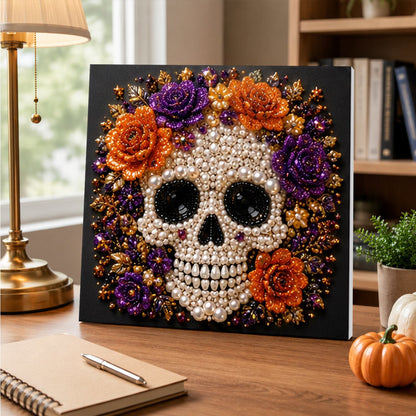 Beaded Skull with Autumn Roses pearl painting – image 5