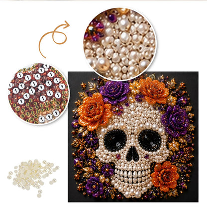 Beaded Skull with Autumn Roses pearl painting – image 6