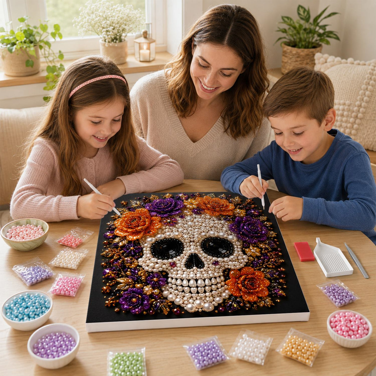 Beaded Skull with Autumn Roses pearl painting – image 15