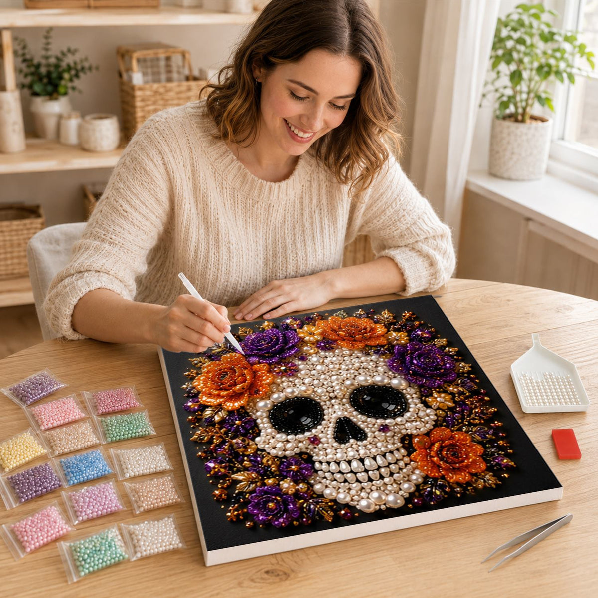 Beaded Skull with Autumn Roses pearl painting – image 16