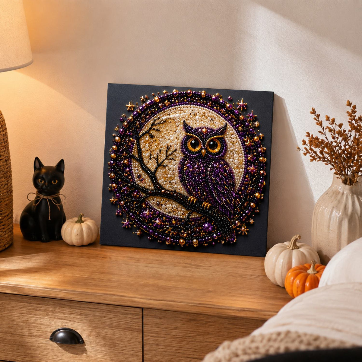 Owl on a Branch at Moonrise pearl painting – image 2
