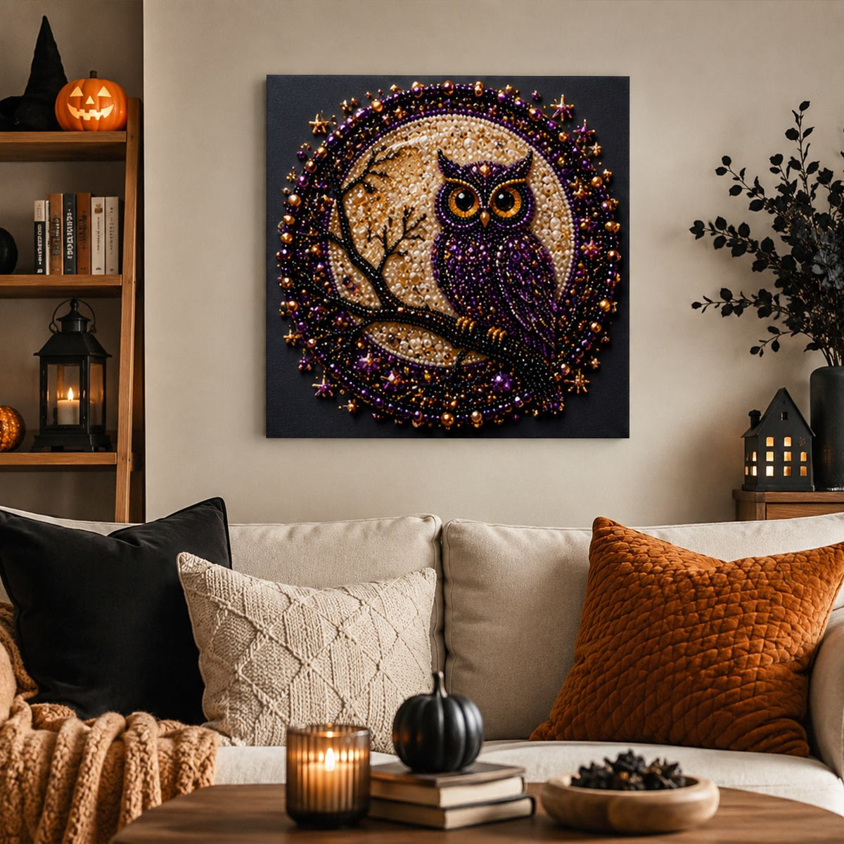 Owl on a Branch at Moonrise pearl painting – image 3
