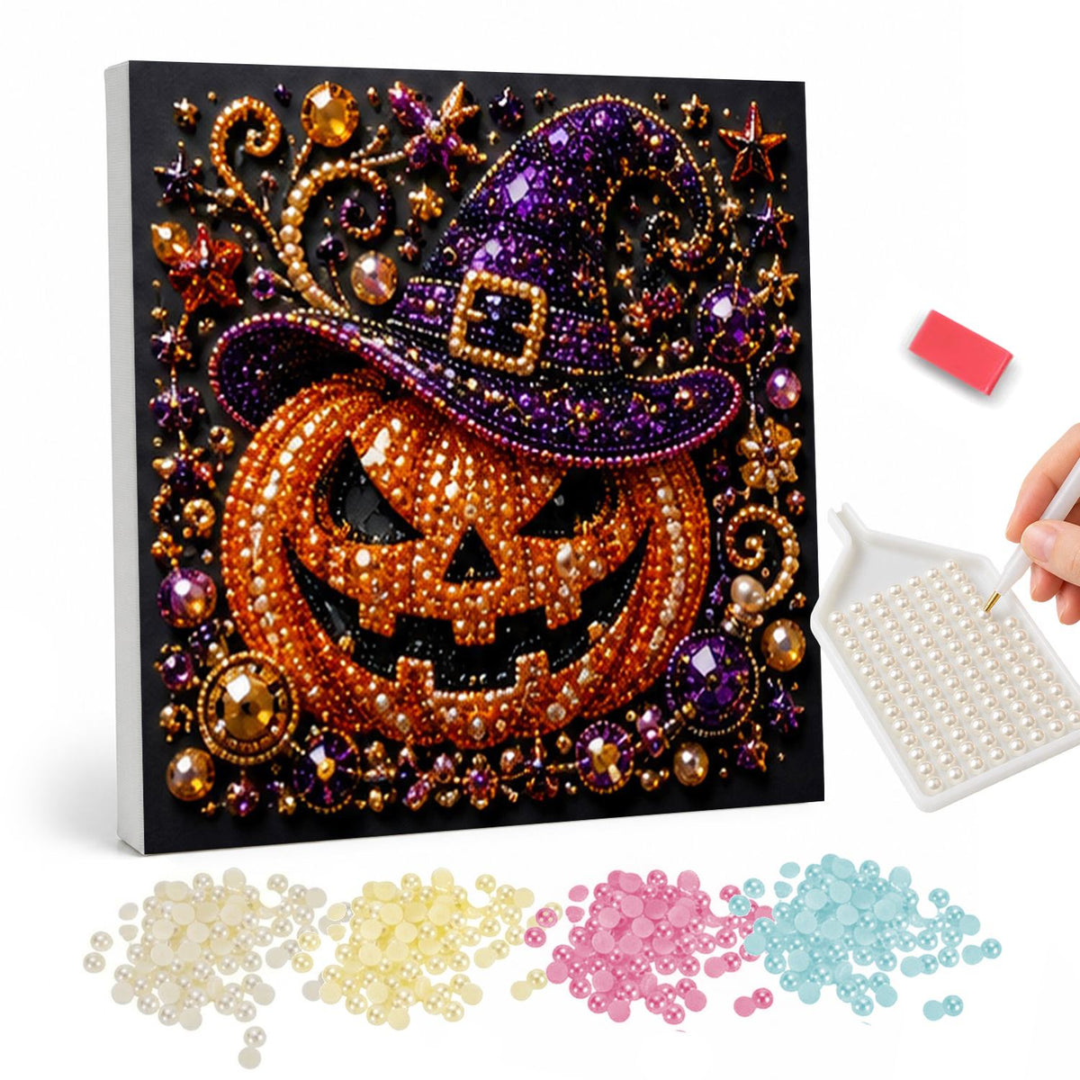 Glittering Jack-O'-Lantern Witch pearl painting – Glittering orange jack-o'-lantern wearing a purple witch hat with a gold buckle, swirls and stars on black