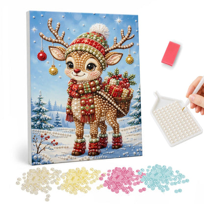 Little Reindeer with Gift Basket pearl painting – Cartoon baby reindeer in a knit hat and scarf carrying a basket of gifts, baubles on its antlers
