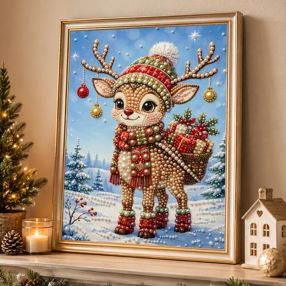 Little Reindeer with Gift Basket pearl painting – image 4