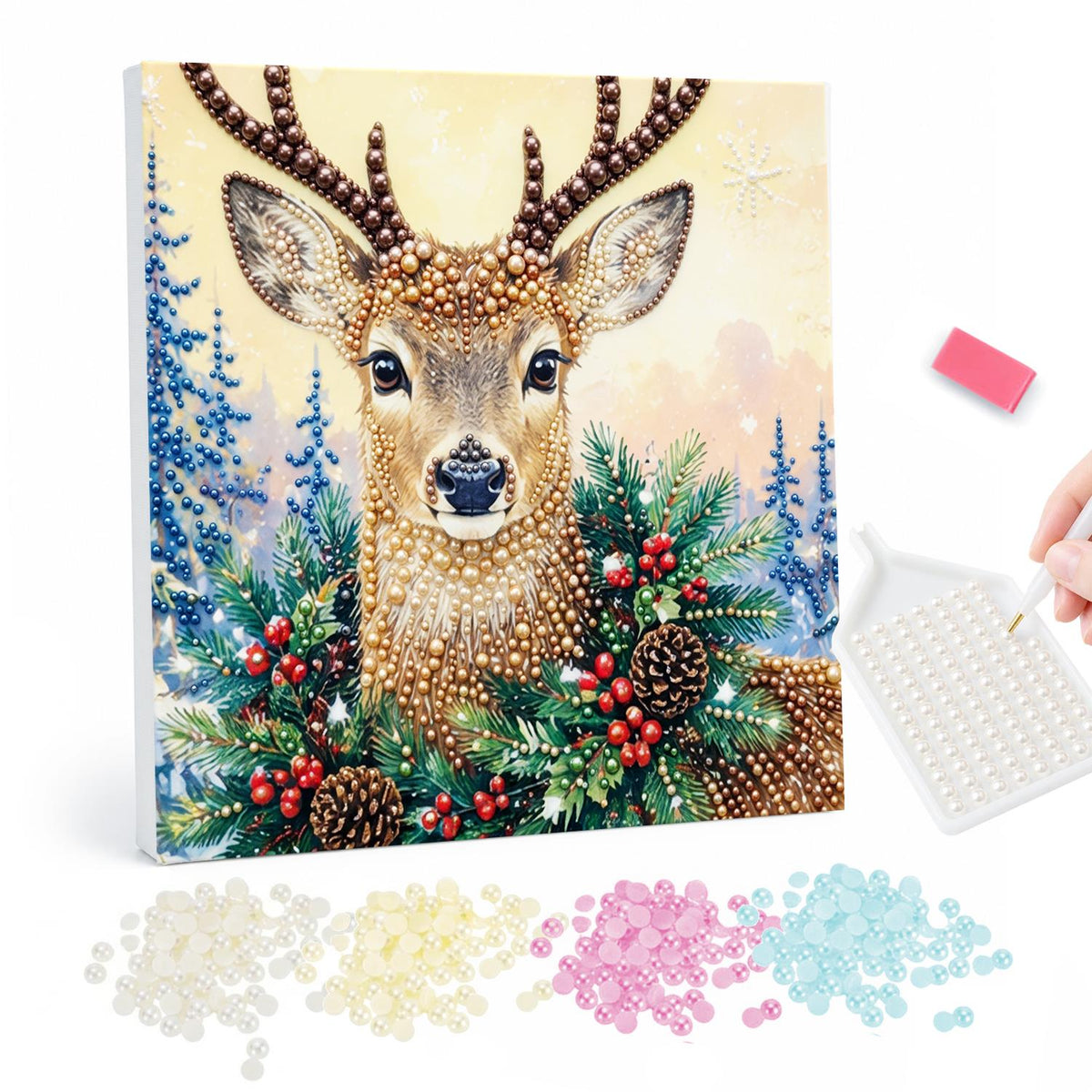 Stag in Holly and Pinecones pearl painting – Antlered deer gazing forward above holly, red berries and pinecones in a snowy pine forest