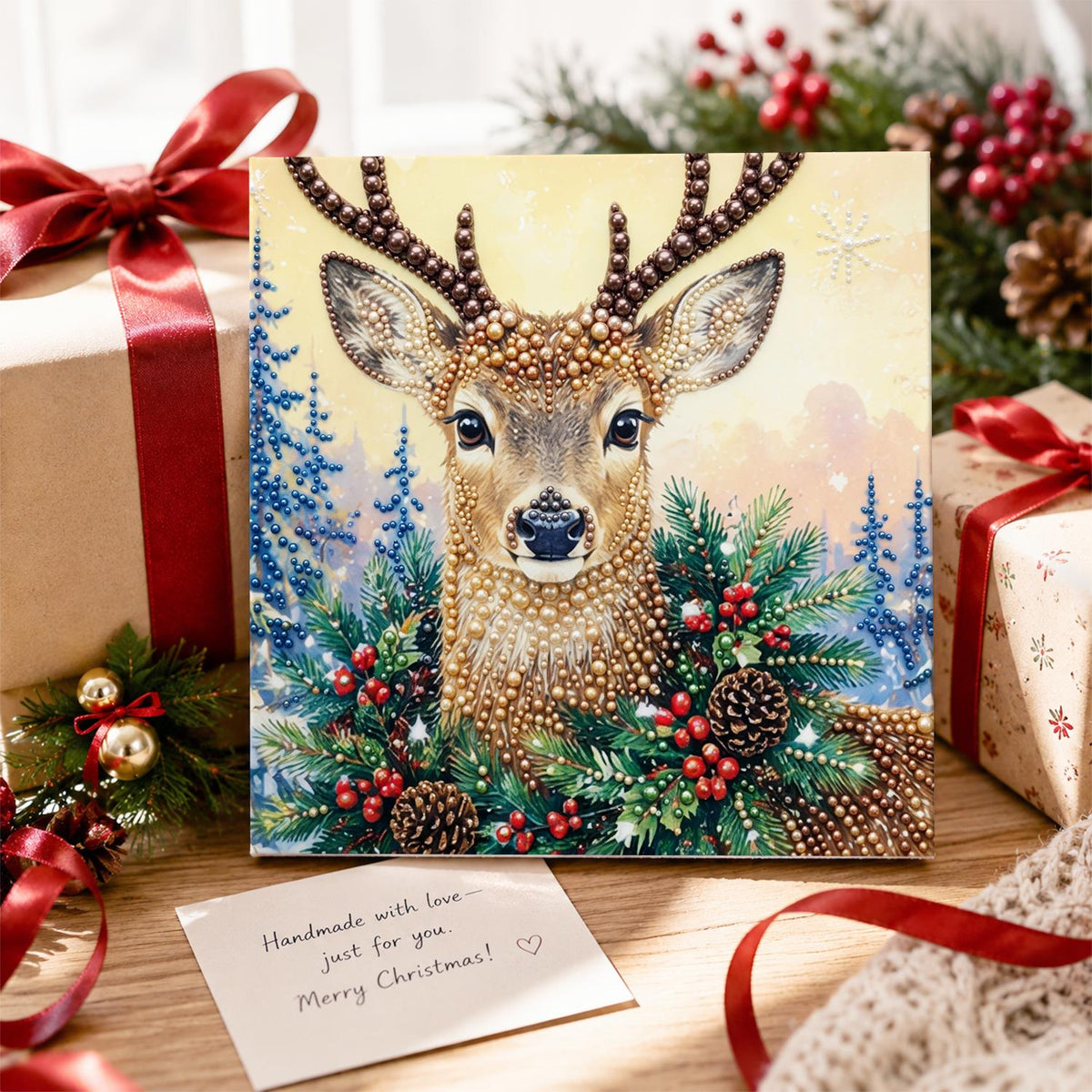 Stag in Holly and Pinecones pearl painting – image 2