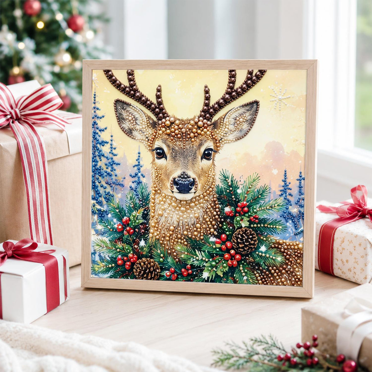 Stag in Holly and Pinecones pearl painting – image 4