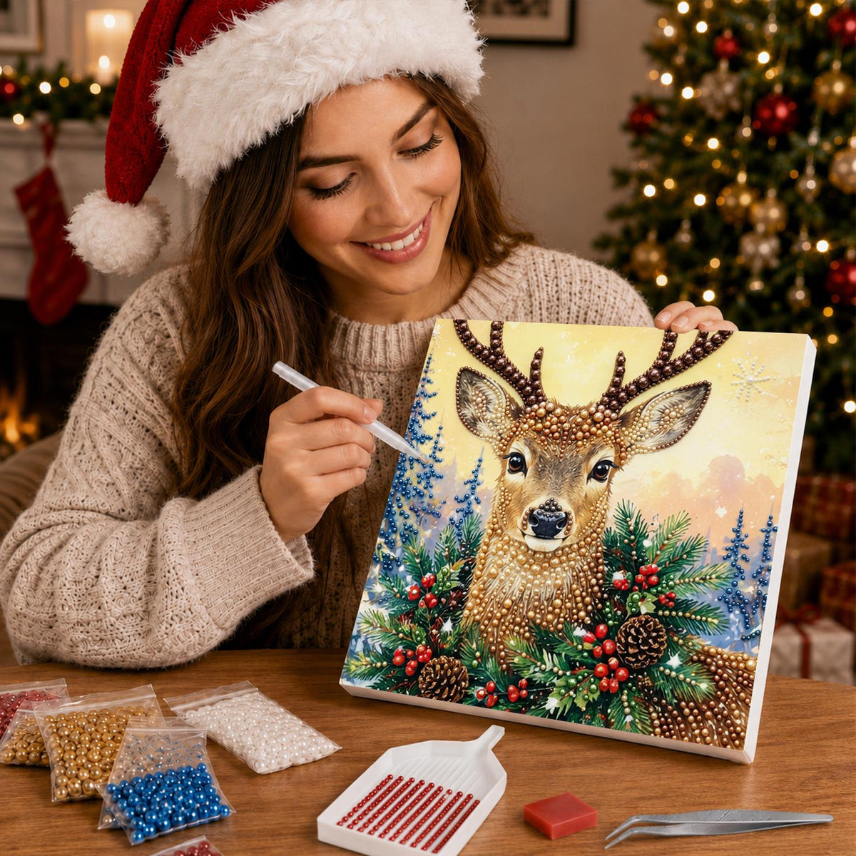 Stag in Holly and Pinecones pearl painting – image 16