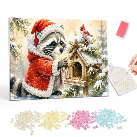 Santa Raccoon and Cardinal pearl painting – image 1