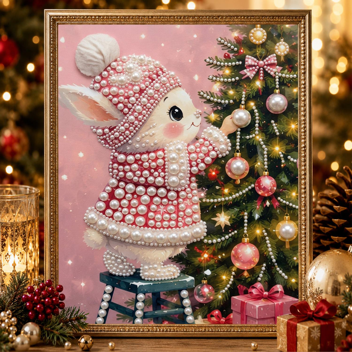 Bunny Trimming the Tree in Pink pearl painting – image 2