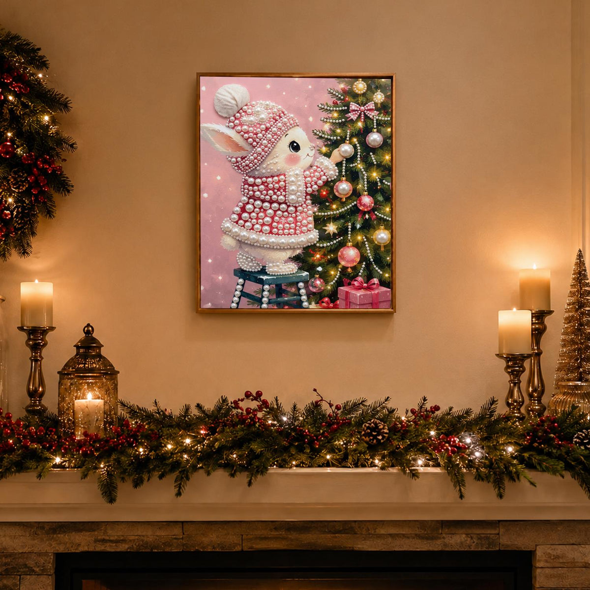 Bunny Trimming the Tree in Pink pearl painting – image 3