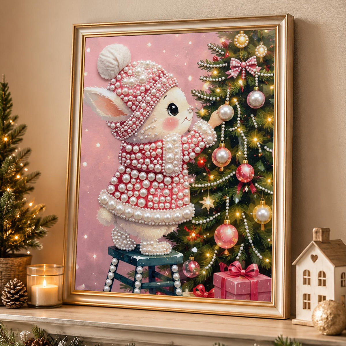 Bunny Trimming the Tree in Pink pearl painting – image 4