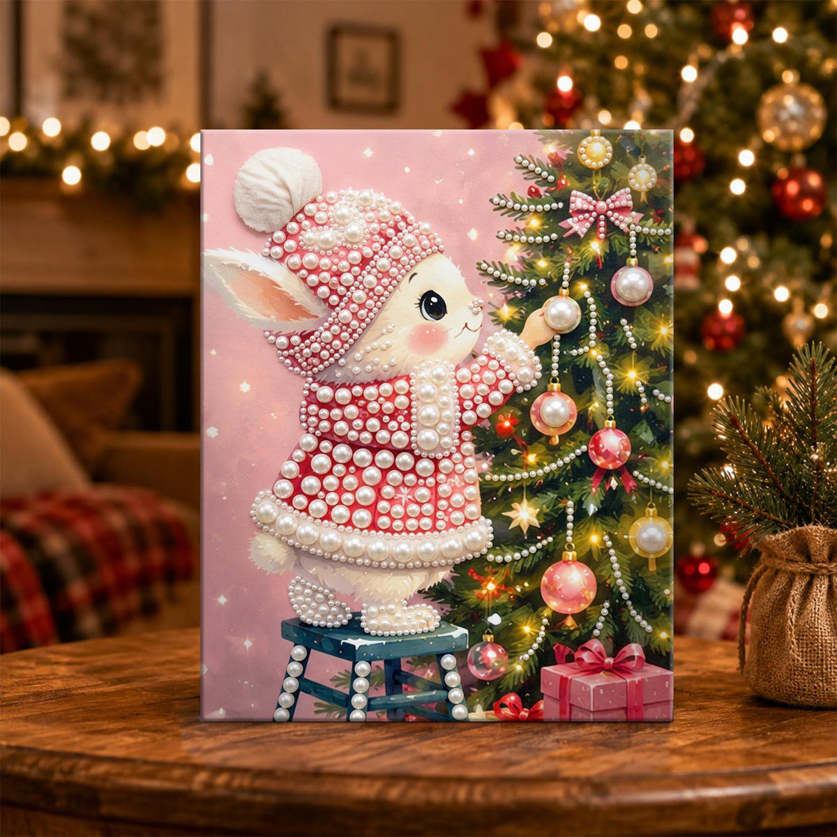 Bunny Trimming the Tree in Pink pearl painting – image 5