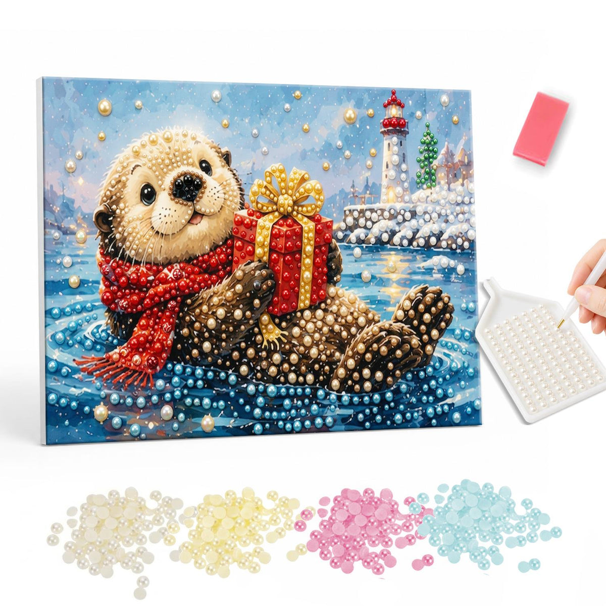 Floating Otter and Lighthouse pearl painting – Sea otter in a red scarf floating on its back holding a gold-ribboned gift, lighthouse behind