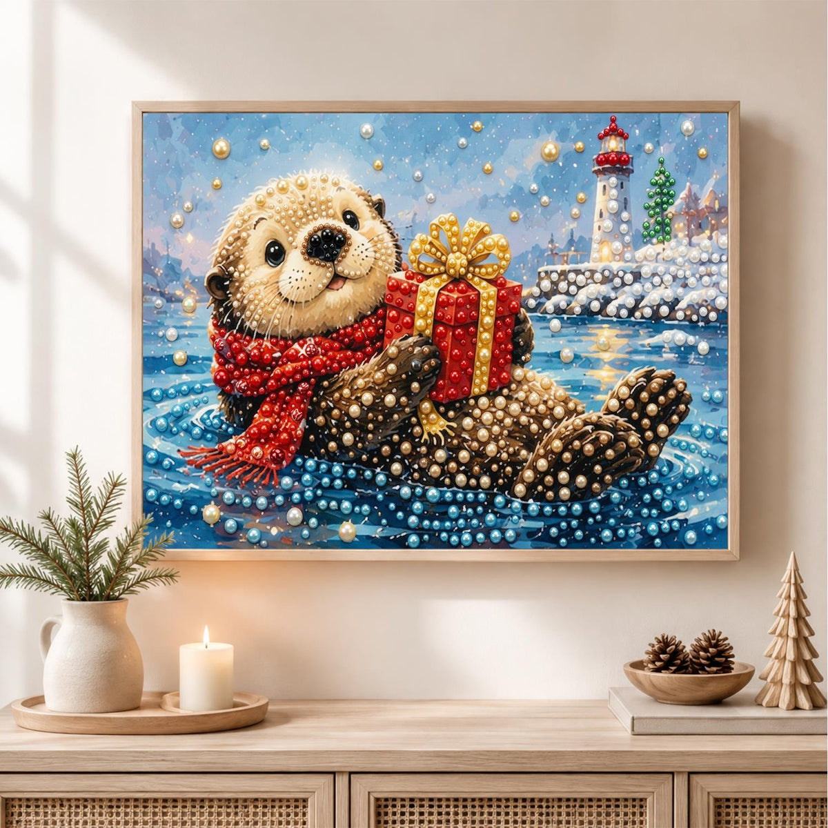 Floating Otter and Lighthouse pearl painting – image 2