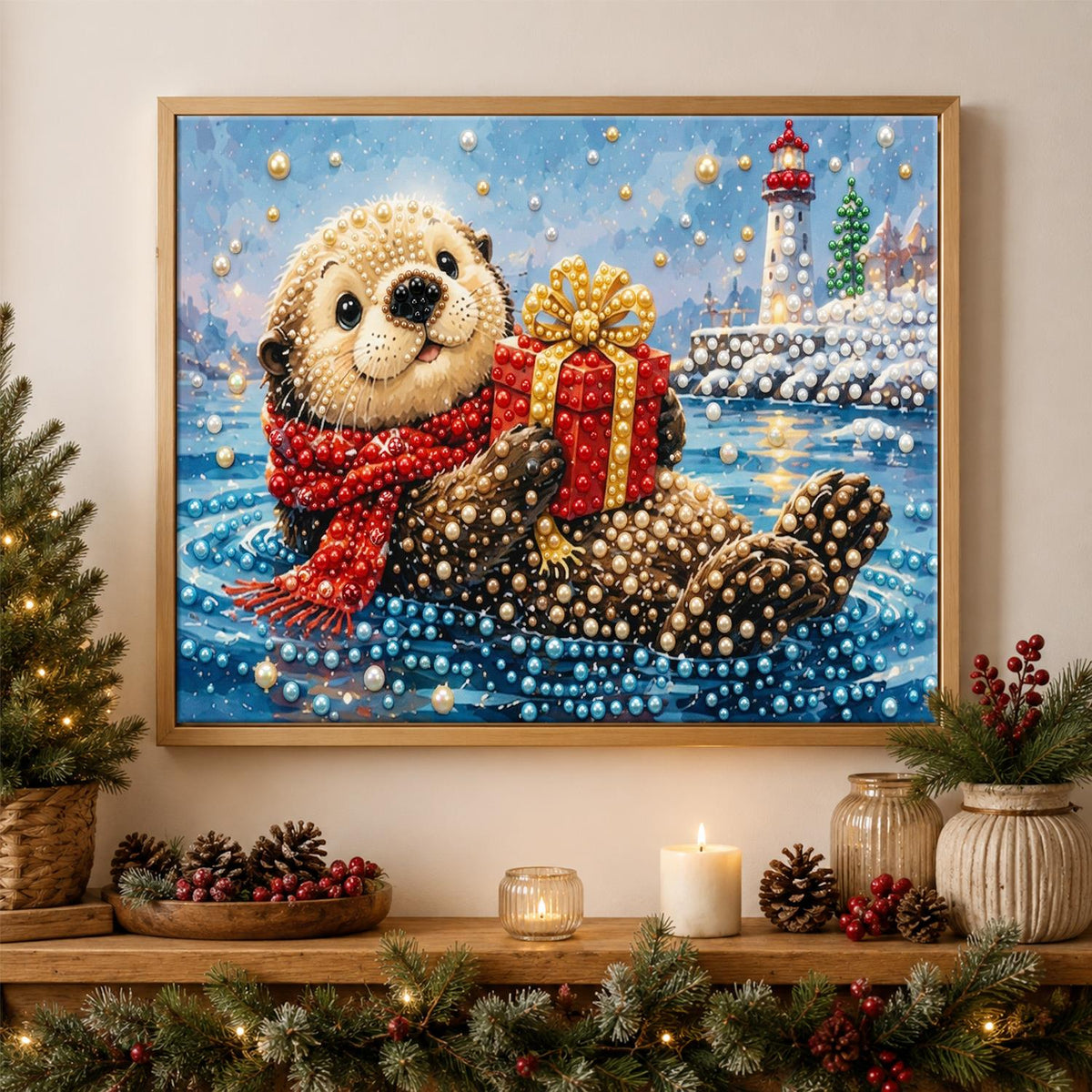 Floating Otter and Lighthouse pearl painting – image 3
