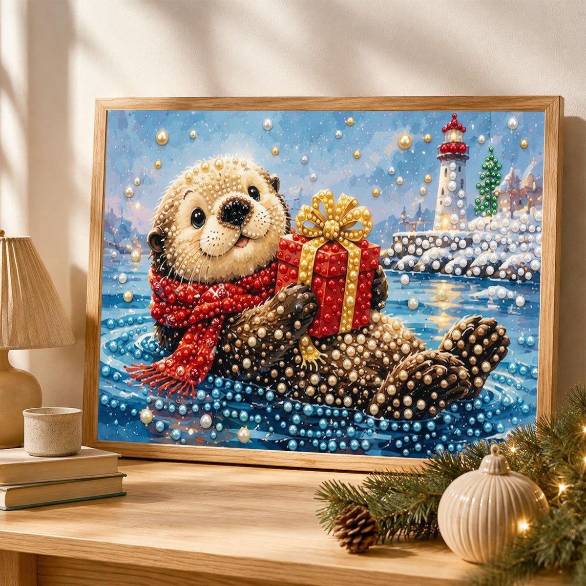 Floating Otter and Lighthouse pearl painting – image 4