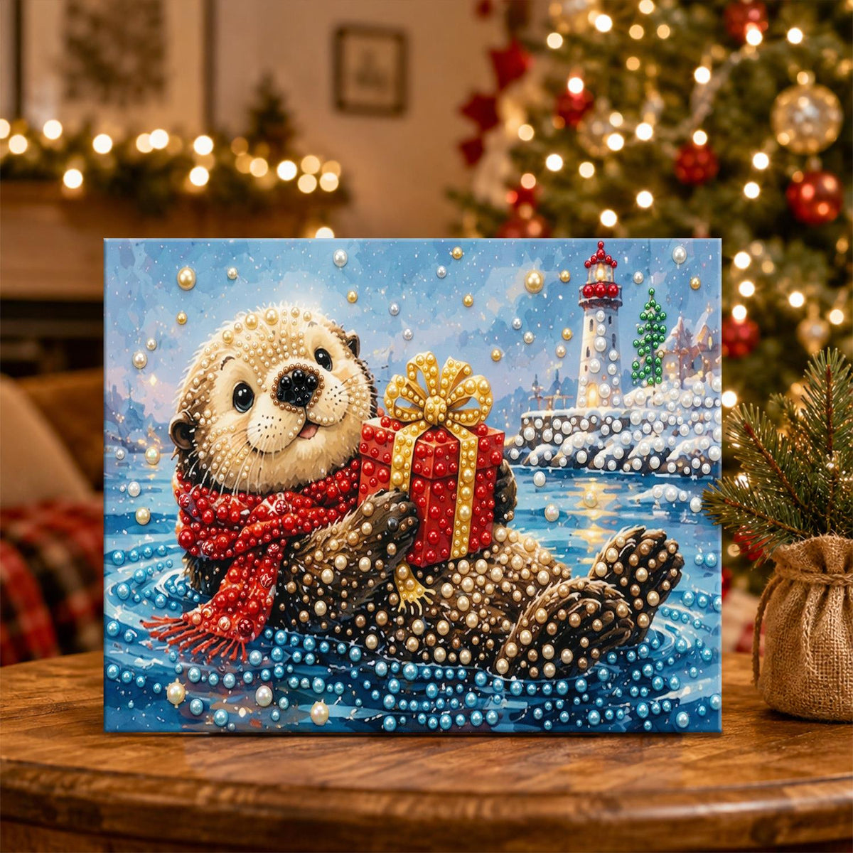 Floating Otter and Lighthouse pearl painting – image 5