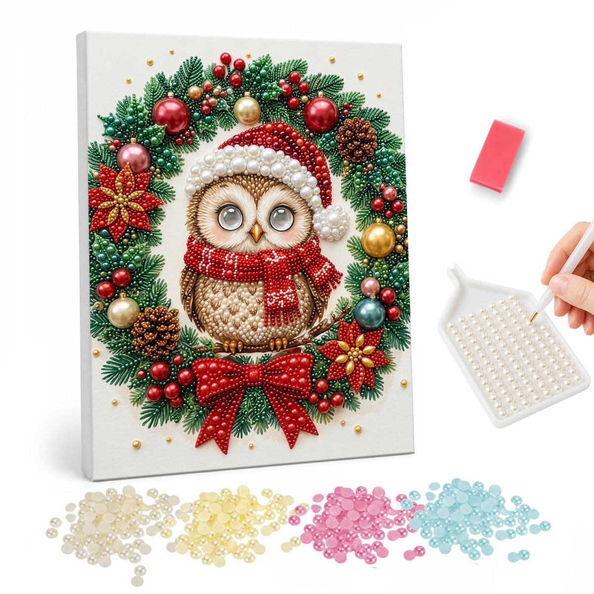 Santa-Hat Owl in the Wreath pearl painting – Round owl in a Santa hat and red scarf framed by a bauble and pinecone wreath with a red bow