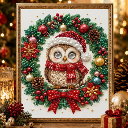Santa-Hat Owl in the Wreath pearl painting – image 2