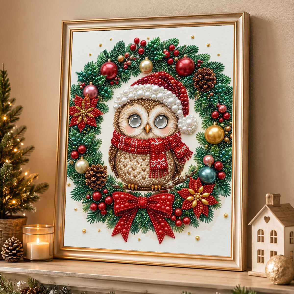Santa-Hat Owl in the Wreath pearl painting – image 4