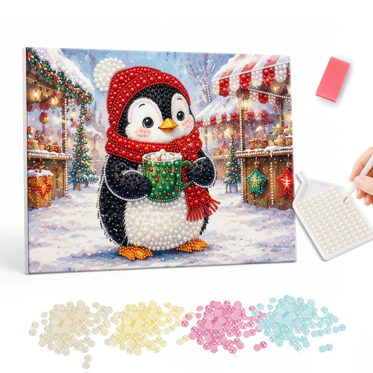 Penguin at the Holiday Market pearl painting – Penguin in a red knit hat and scarf holding a steaming green mug among snowy market stalls