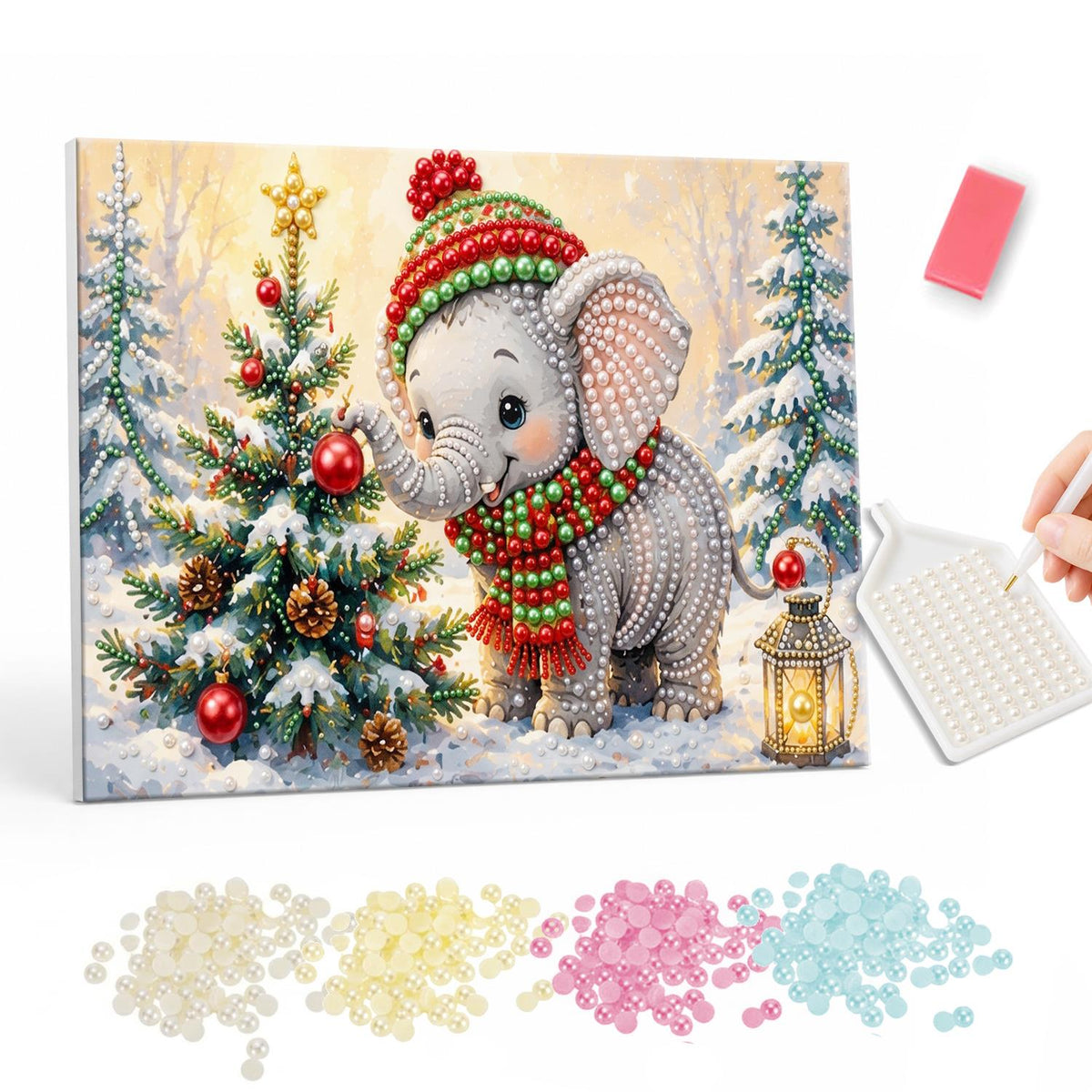 Baby Elephant by the Tree pearl painting – Baby elephant in a striped knit hat and scarf beside a decorated tree and a glowing lantern in snow