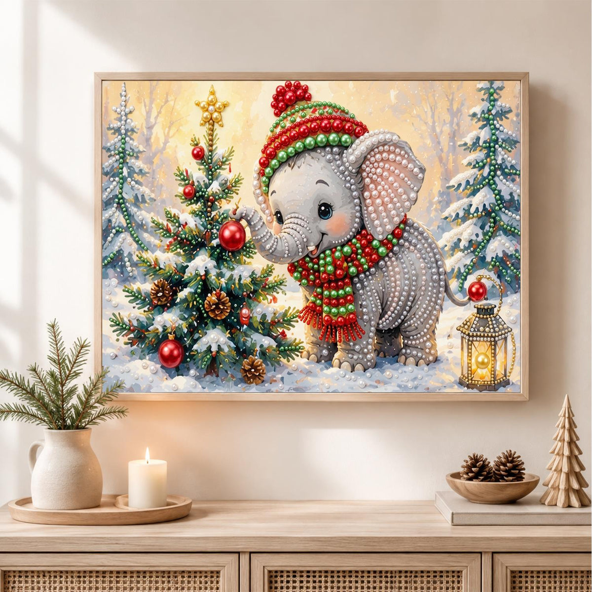 Baby Elephant by the Tree pearl painting – image 2