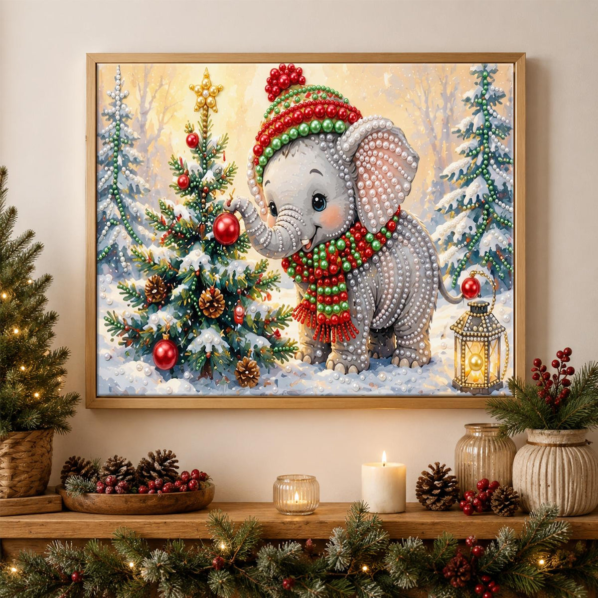 Baby Elephant by the Tree pearl painting – image 3