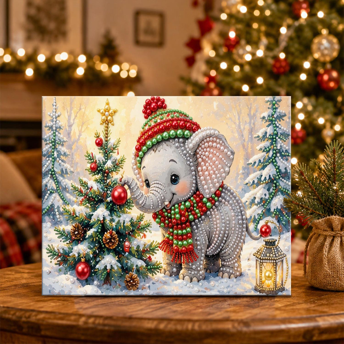 Baby Elephant by the Tree pearl painting – image 5