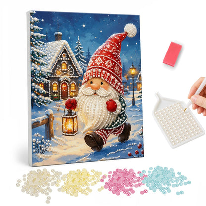 Knit-Cap Santa with Lantern pearl painting – Santa in a red knit pom-pom hat striding through a snowy village at night carrying a lantern