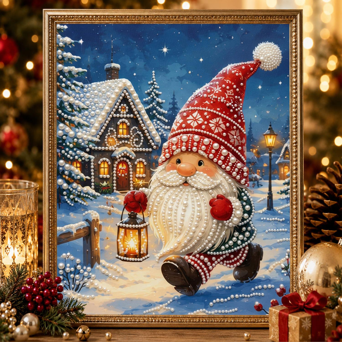 Knit-Cap Santa with Lantern pearl painting – image 2