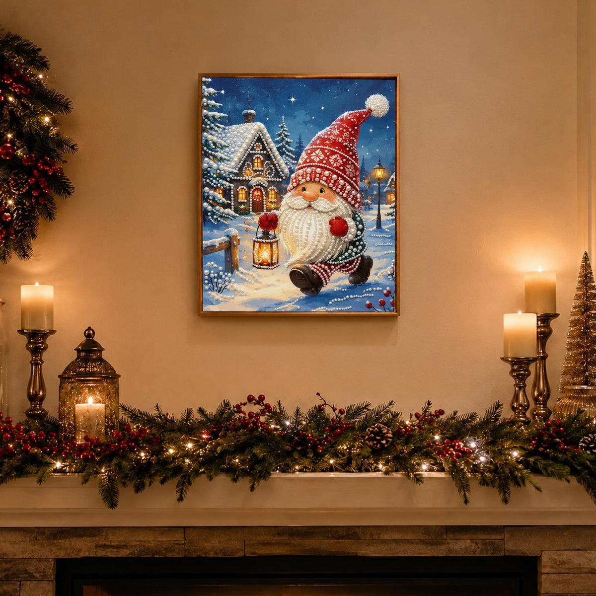 Knit-Cap Santa with Lantern pearl painting – image 3