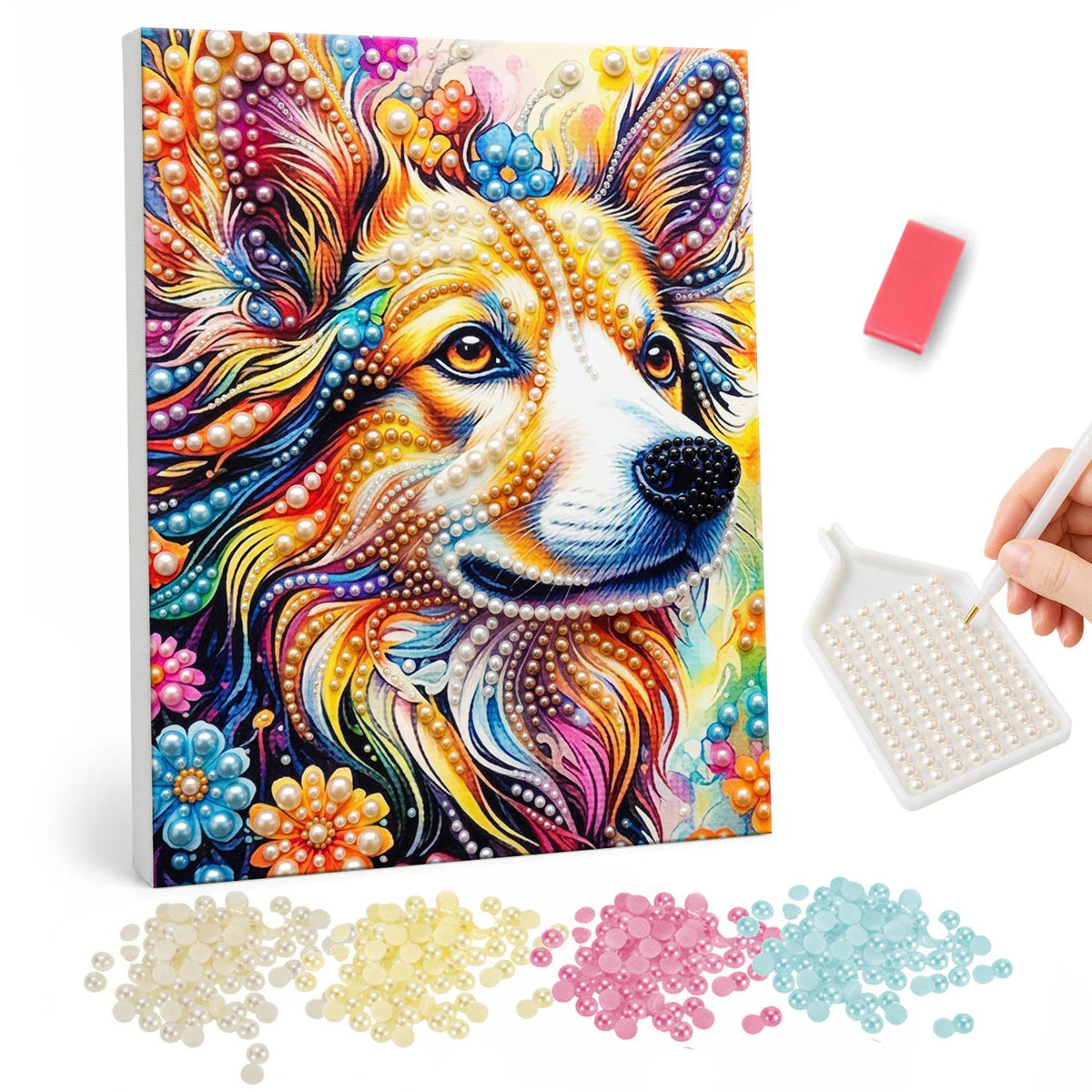Swirling Rainbow Corgi pearl painting – Corgi-like dog face with swirling rainbow fur and colorful flowers