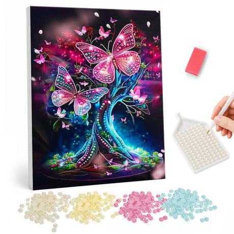 Butterfly Blossom Tree pearl painting – Glowing turquoise tree with magenta foliage and large pink butterflies against a dark night