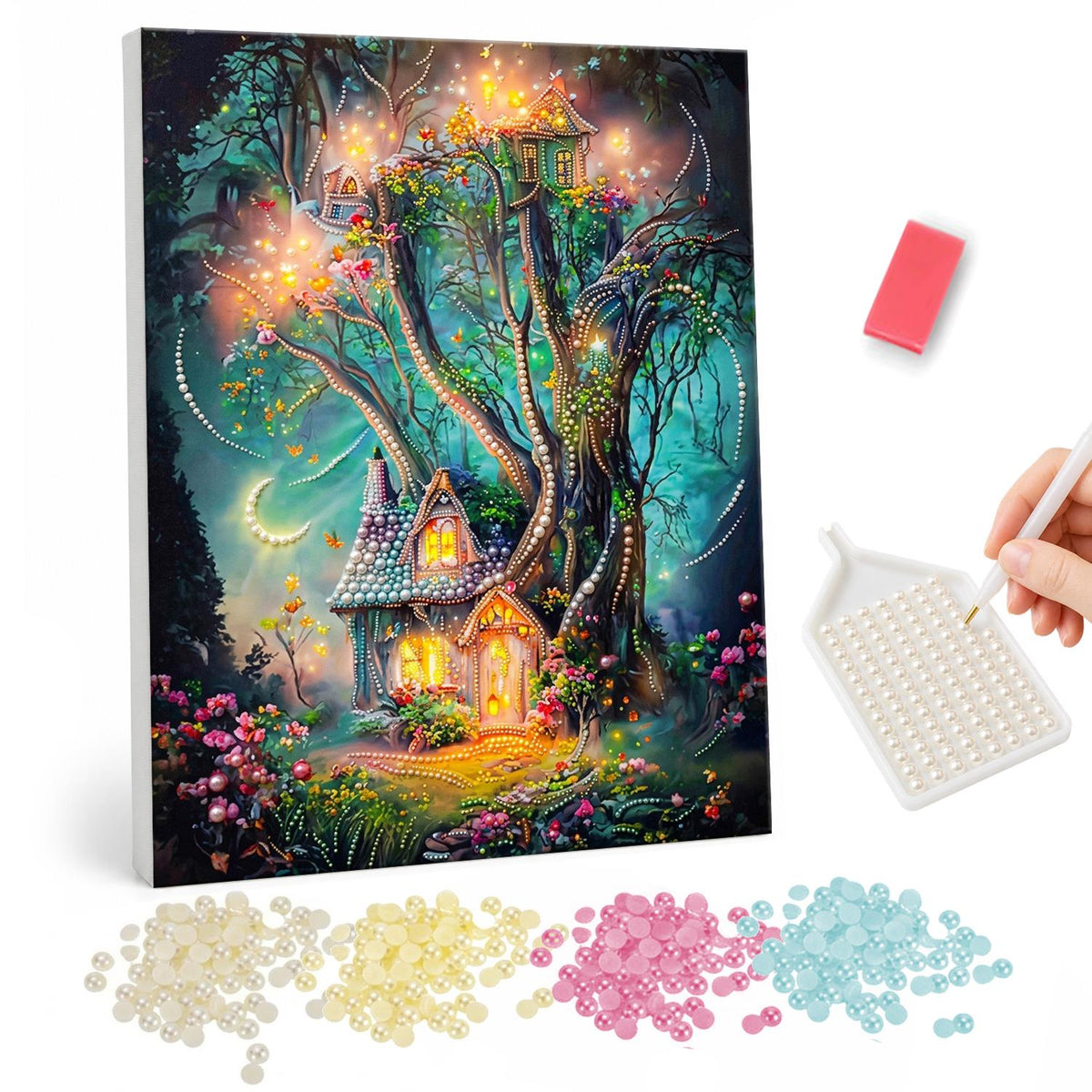 Cottage Under the Great Tree pearl painting – Small glowing cottage tucked beneath a giant tree hung with lights, with flowers and a crescent moon