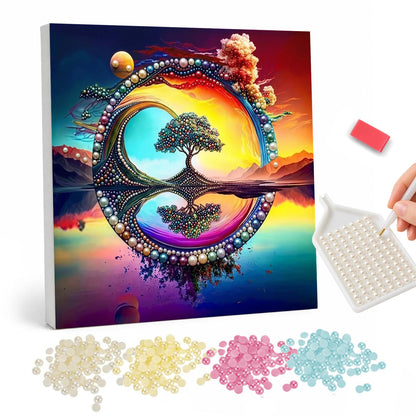 Tree in the Sunset Ring pearl painting – Lone tree on an island inside a jeweled ring, reflected in still water under a colorful sunset