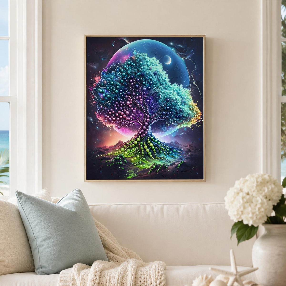 Turquoise Tree Under a Giant Moon pearl painting – image 3