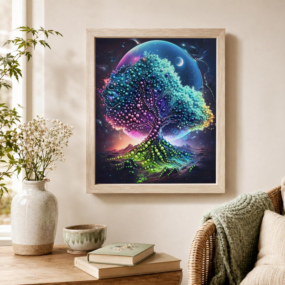 Turquoise Tree Under a Giant Moon pearl painting – image 4