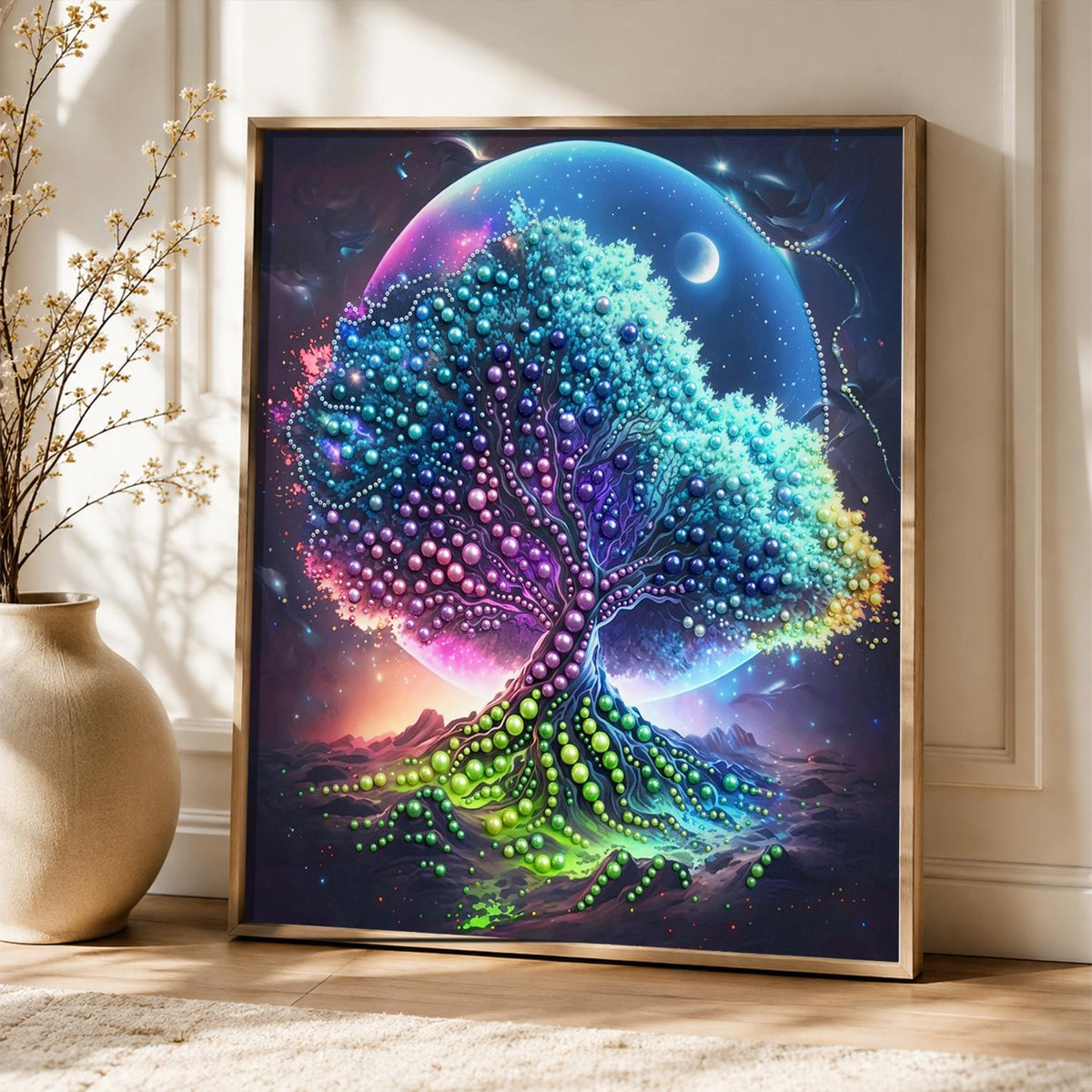 Turquoise Tree Under a Giant Moon pearl painting – image 5
