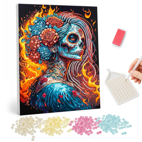 Flaming Sugar Skull Woman pearl painting – image 1