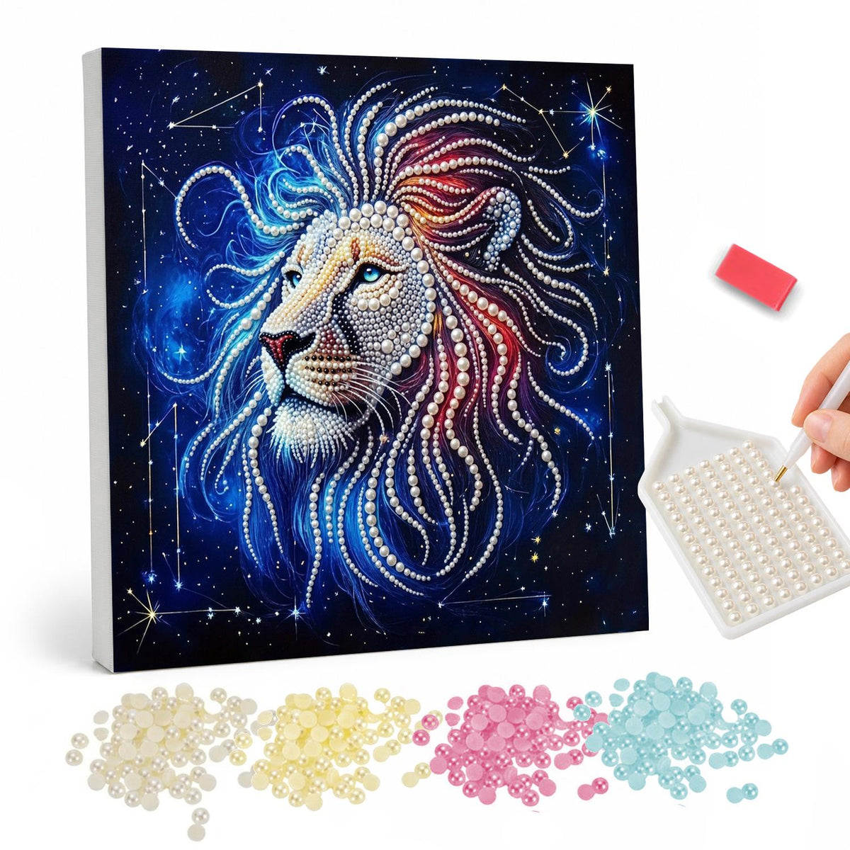 Starlit Lion Constellation pearl painting – White lion head with a flowing silver and red mane against a deep blue sky with constellations
