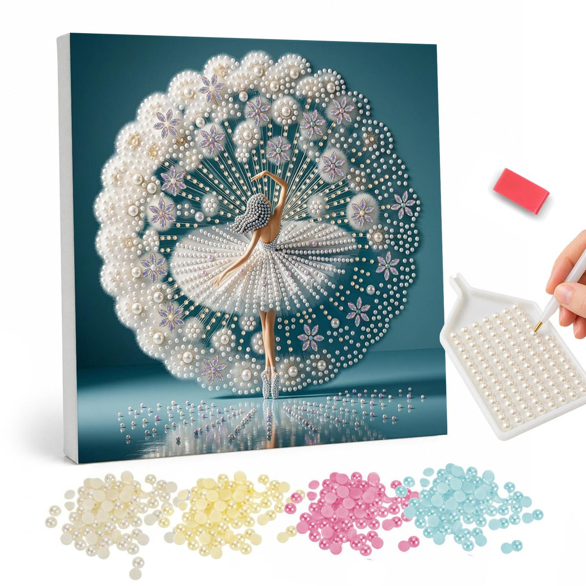 Ivory Ballerina in Full Bloom pearl painting – Ballerina in a white tutu on pointe before a large round fan of white flowers, reflected on teal
