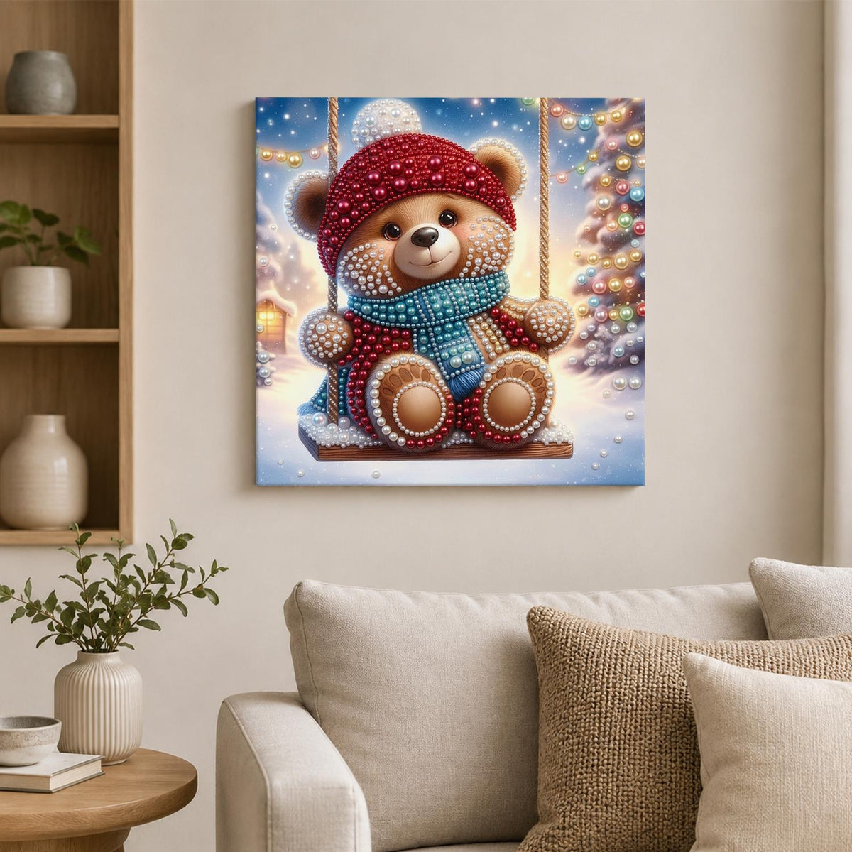 Bobble-Hat Teddy on a Swing pearl painting – image 2